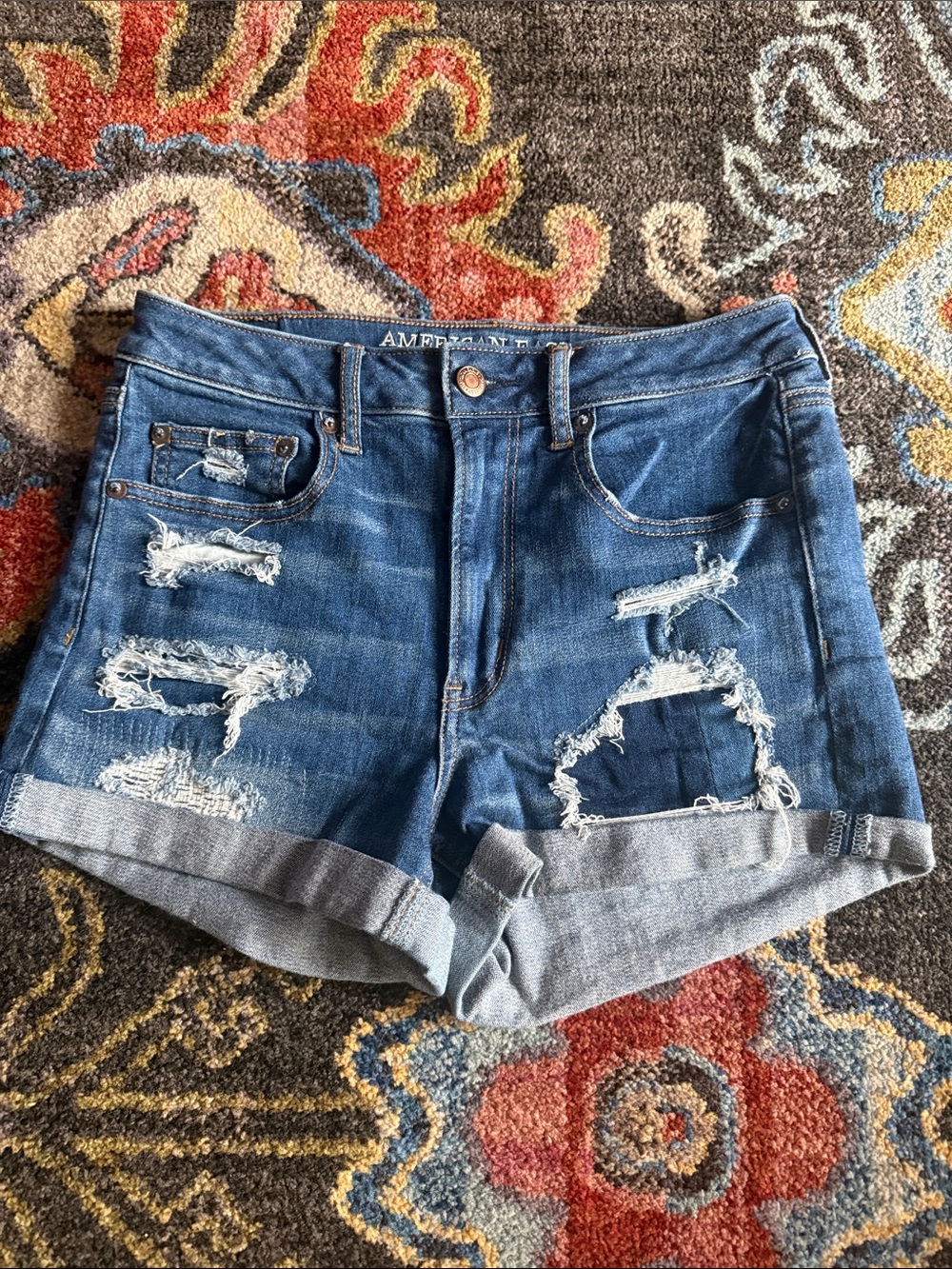 American Eagle Outfitters Distressed Dark Blue Denim Roll-Cuff Shorts